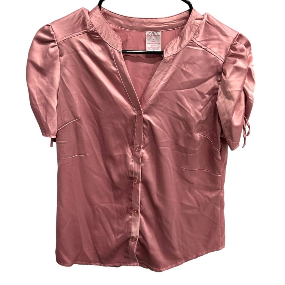 No Boundaries Pink Satin Button Down Short Sleeve Blouse Tie Details Size M